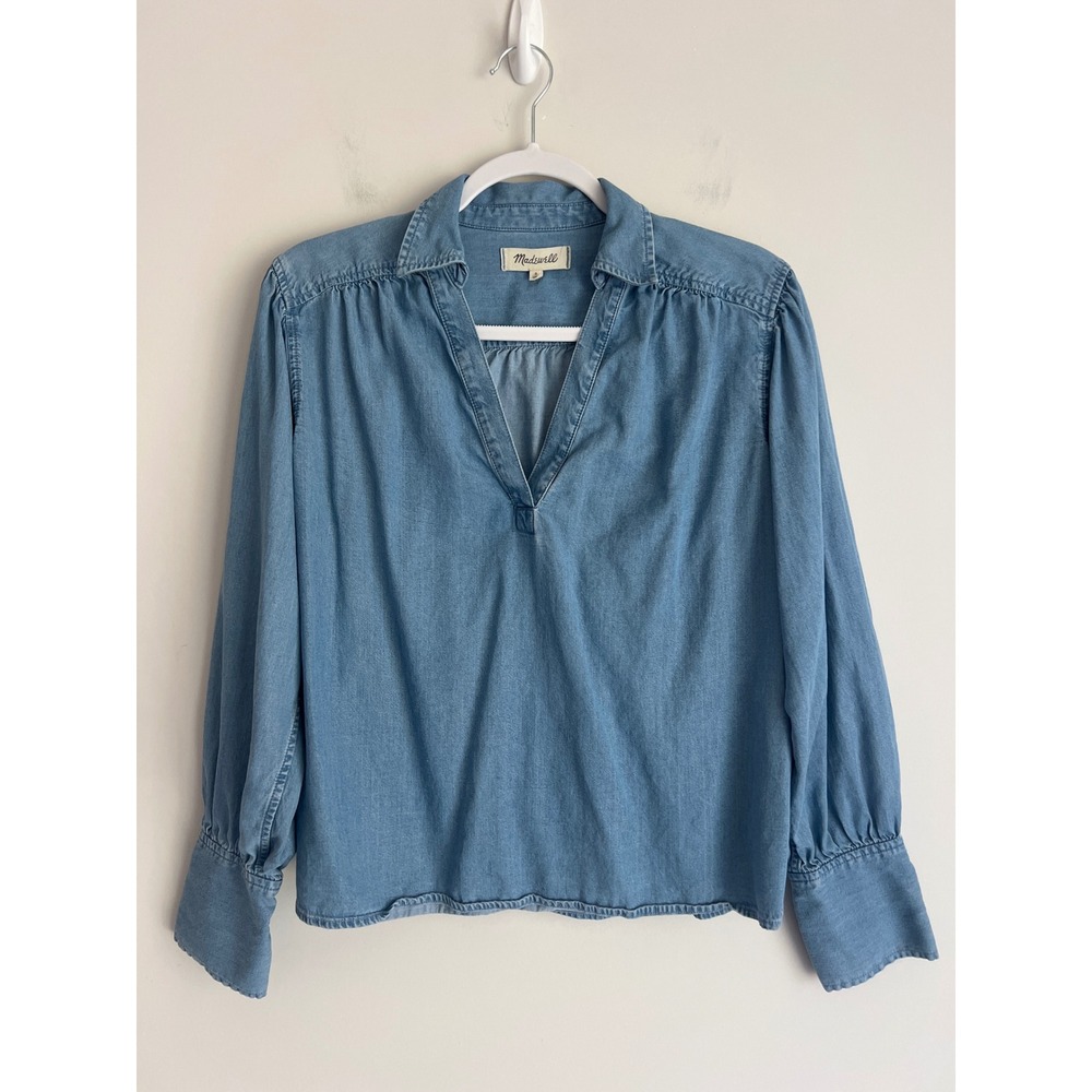 Madewell Chambray Popover Blouse Light Wash Blue V-Neck Long Sleeve Shirt Small